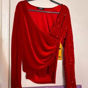 CHICME Red Velvet Asymmetrical Sequin Top – Size XL